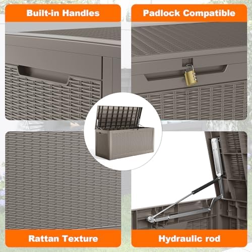 ROJIK 125 Gallon Waterproof Outdoor Deck Storage Box, Lockable Resin Patio Storage Bin with Lid for Garden Tools, Patio Cushions & Outdoor Accessories (Grey)