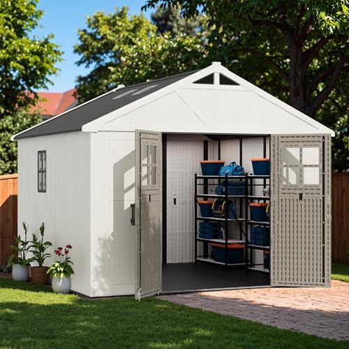 Greesum 10x10FT Resin Outdoor Storage Shed with Floor, Plastic Sheds, Beige