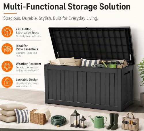 Outdoor Storage Box Resin Deck Box Waterproof Black 270 Gallon