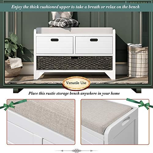 SOFTSEA Storage Bench with Drawers and Basket, Farmhouse Shoe Bench with Seating and Cushion for Hallway Entryway Living Room, Full Assembled (White Wash-2 Drawers)