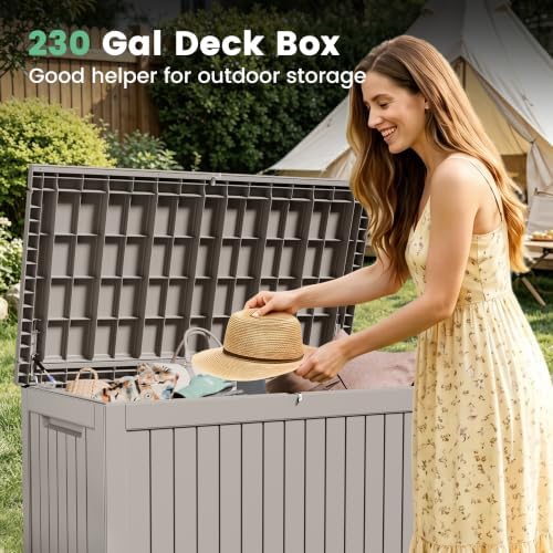 230 Gal Outdoor Storage Box, Lockable Waterproof Resin Deck Box w/Handles