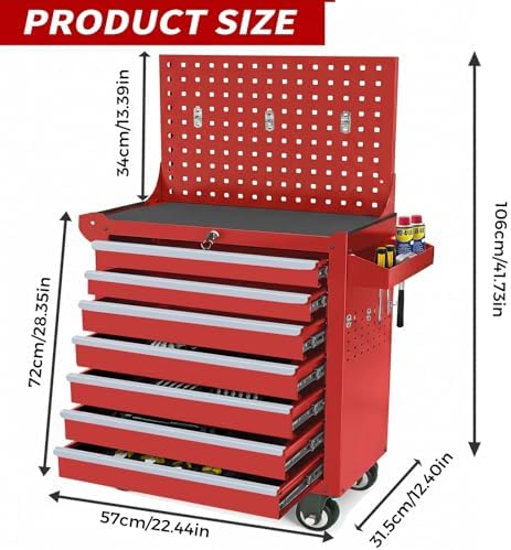 Rolling Tool Chest with Wheels, 7 Drawers Metal Tool Box with Pegboard