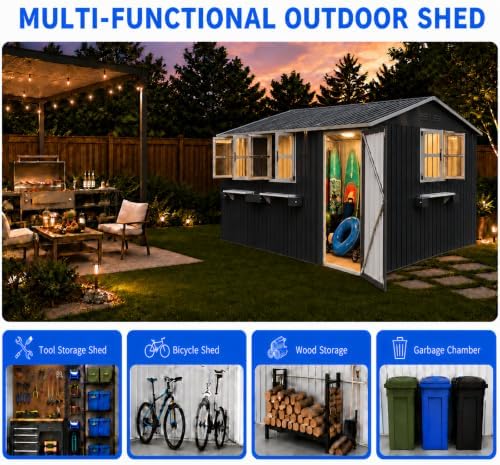 12x10 FT Outdoor Storage Shed with 3 Clear Windows, Metal Garden Shed with Flower Rack & Basket, Outside Tool Shed with Lockable Single Door, Waterproof Storage Building for Backyard, Coal Gray