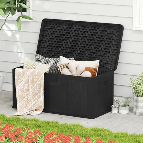 GIANTEX 100 Gallon Deck Box, Waterproof Resin Box with Lockable Lid, 440Lbs Outdoor HDPE Storage Container Bench for Patio Furniture Cushions, Pool Tools & Garden Accessories (Black)