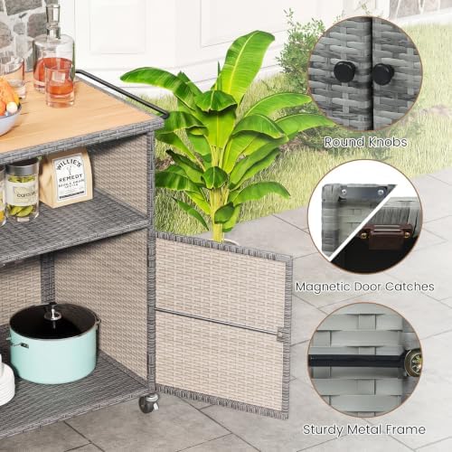 Tangkula Rattan Outdoor Storage Cabinet with 4 Wheels (Mix Grey)