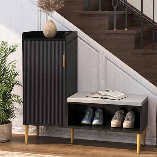 Storage Bench with Fluted Door&Shelf, L-Shaped Entryway Bench