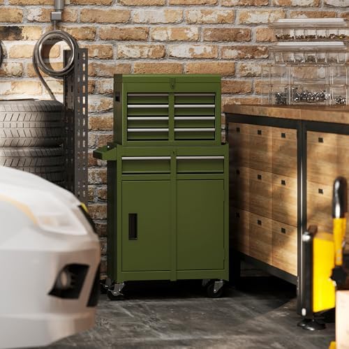 DREAMADE 5-Drawer Tool Chest Combo, Rolling Tool Cabinet w/Detachable Top Tool Box, Adjustable Shelves, Lockable Wheels, Metal Tool Box for Garage, Workshop, Repair Shop Storage (Olive Green)