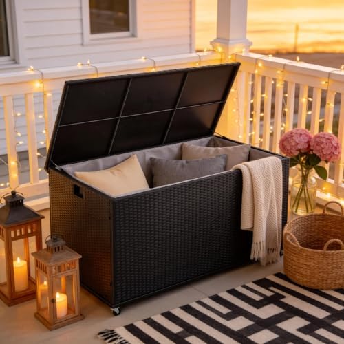 Sundale 170 Gallon Oudoor Deck Box, Large Rattan Storage Box with Wheels