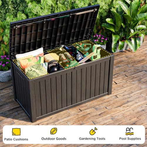 ROJIK 220 Gallon Waterproof Outdoor Deck Storage Box, UV Resistant， Lockable Resin Patio Storage Bin with Lid for Garden Tools, Patio Cushions & Outdoor Accessories(Black)