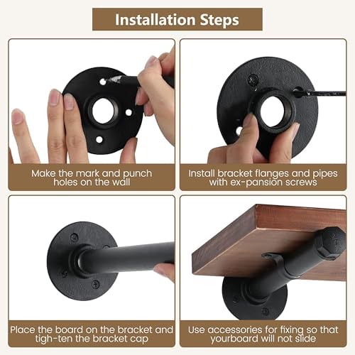 8 Inch Industrial Pipe Shelf Brackets Set of 6, Black Wall Shelving