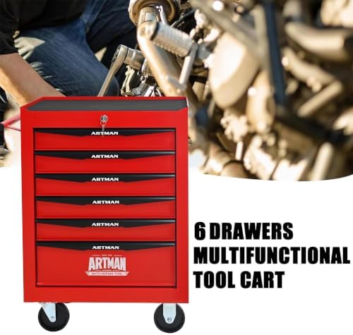 Heavy Duty 6-Drawer Rolling Tool Chest, Key Lock Tool Storage Cabinet with Lockable Casters & Drawer Liners, Mobile Tool Organizer Cart for Garage Workshop Warehouse Repair Shop (Red)
