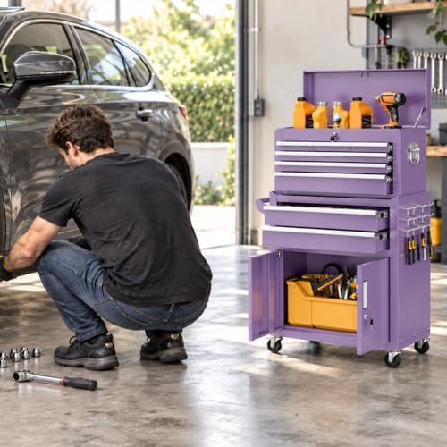 Bonusall 8 Drawer Rolling Tool Chest and Cabinet Combo,Heavy-Duty Metal Garage Tool Chest with Wheels and 2 Doors,2-in-1 Top Box and Roller Cabinet Combo for Garage, Workshop, Warehouse-Purple
