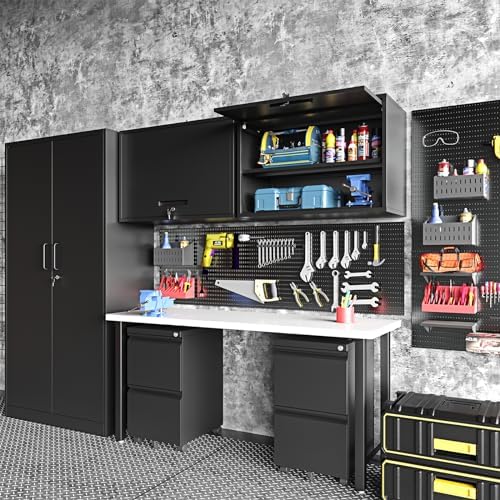 Metal Wall Storage Cabinet Adjustable Shelf 22'' Tall Steel Garage Wall Mounted Cabinet Lockable Floating Garage Storage Shop Trailer Tool Assembly Required