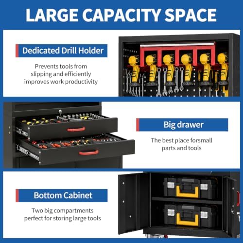 Mobile Tool Cart, Tool Chest with Locking Wheels, Charging Station