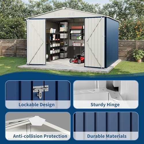 Garvee 10x10 FT Metal Storage Shed – Lockable Doors, Floor Frame, Blue