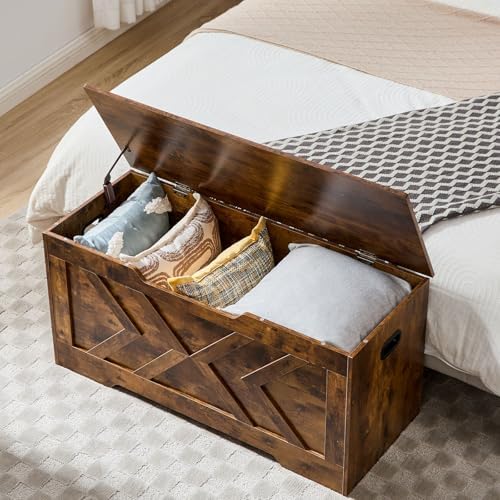 39.4” Storage Bench, Extra Large Entryway Bench with Storage,Storage Chest with 2 Safety Hinges,Blanket Storage,Shoe Storage Chest for Bedroom,Living Room,Easy Assembly. (Rustic Brown)