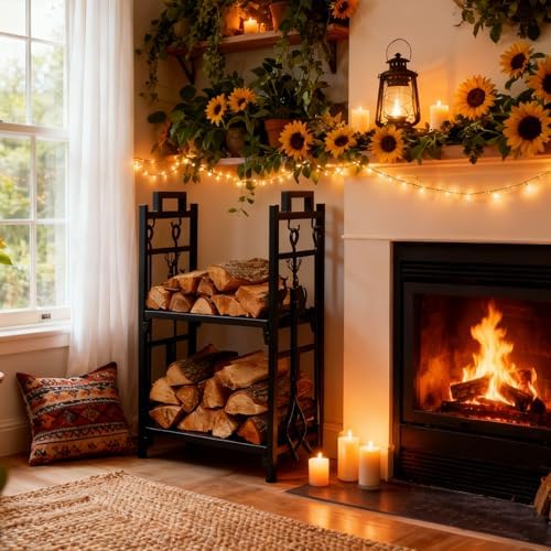 Outvita 2 Tier Firewood Log Rack, Iron Lumber Storage Holder, Wood Pile Stacker Organizer for Indoor Outdoor Fireplace Stove Pit with 4 Fire Tools Hanging Hooks Christmas Elements Black