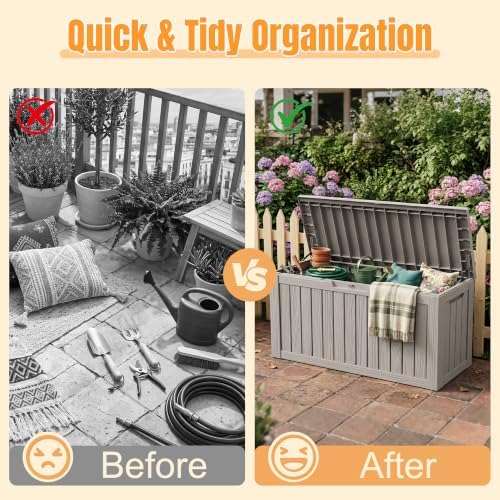 Outdoor Storage Box,140 Gallon Waterproof Resin Deck Box with Support Rod