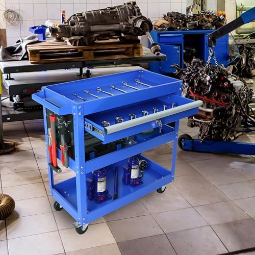 Tool Chest with Wheels, 3-Tier Rolling Tool Box with 1 Drawer & Hooks, Heavy Duty Utility Industrial Service Cart with Locking System Drawer for Garage, Warehouse & Repair Shop,Blue