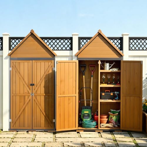 VEVOR Outdoor Storage Shed, 30" x 66.93" Wood & Metal Garden Tool Shed with Lockable Doors & Sloped Roof, Waterproof Outside Storage Cabinet with Shelves & Floor for Backyard Patio Lawn, Brown