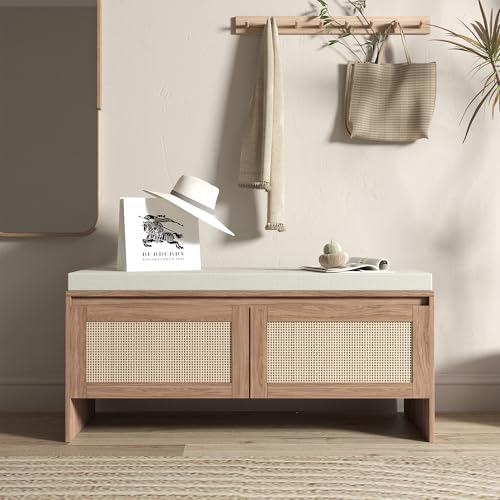 SOFTSEA 39.4" Shoe Storage Bench with Rattan Doors & Cushion, Natural