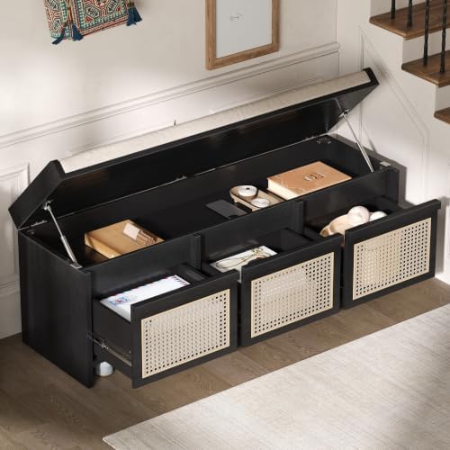 SOFTSEA 48" Shoe Storage Bench with Cushion, 2-Tier Entryway Bench with 3 Rattan Storage Drawers & Lift Top Storage, Retro Shoe Cabinet for Hallway, Bedroom, Living Room, Black