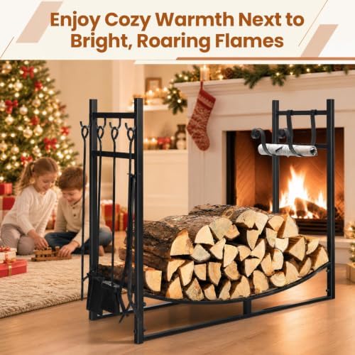 Goplus Firewood Rack Indoor, 36” Firewood Holder with 4- Piece Fireplace Tools-Shovel, Poker, Tongs, Brush, Kindling Holders, Heavy Duty Indoor Log Storage Rack, Outdoor Wood Rack for Fire Pit, Stove