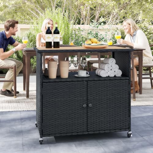HAPPYGRILL Outdoor Storage Cabinet with Wheels, PE Rattan Deck Box (Black)