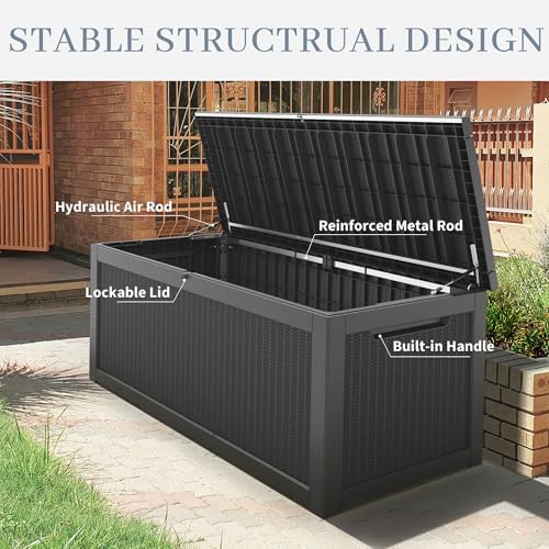 340 Gal Deck Box, Outdoor Storage Box Waterproof Lockable, Gas Lift,Black