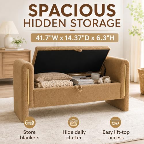 52" Upholstered Storage Bench, Brown, Armrests, Wood Frame
