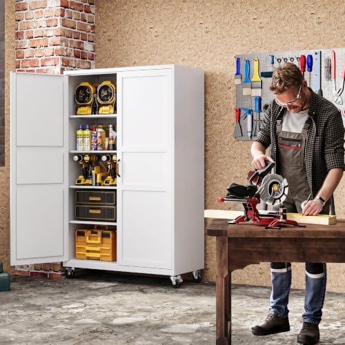 Metal Garage Storage Cabinet with Wheels, Wide & Deep Storage Cabinet with Door and Adjustable Shelves, 71" Rolling Tool Cabinet for Garage, Basement, Home Office