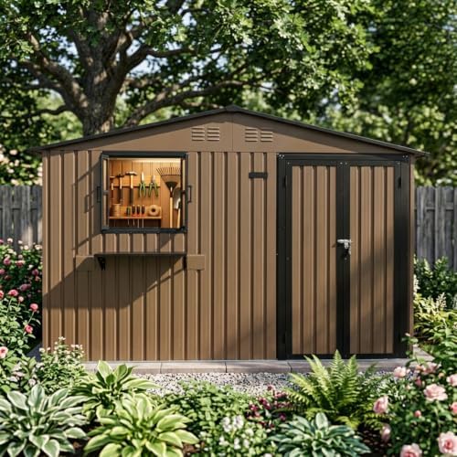 10x8 FT Outdoor Storage Shed with 2 Clear Windows, Metal Garden Shed with Flower Racks & Baskets, Outside Tool Shed with Lockable Double Doors, Waterproof Storage Building for Backyard, Brown