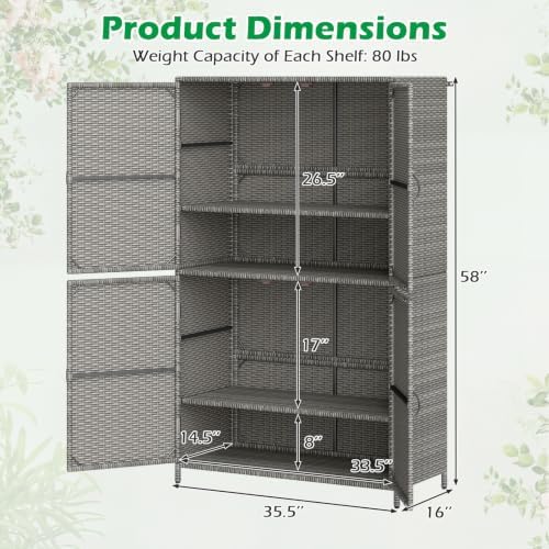Tangkula Rattan Outdoor Storage Cabinet, Patiojoy Outdoor Cabinet with 2 Adjustable Shelves, 4 Doors, Patio Storage Deck Box Table for Patio Garden Poolside