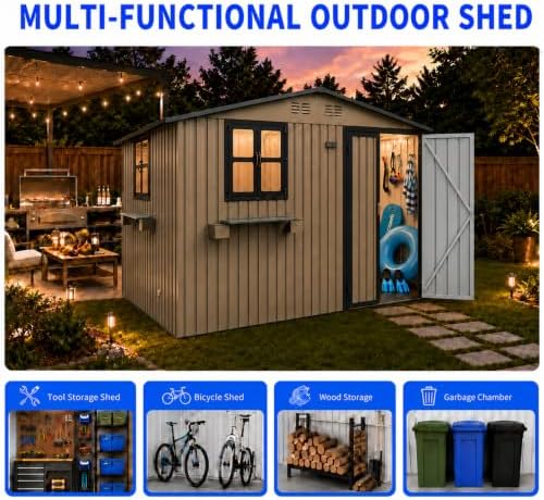 10x8 FT Outdoor Storage Shed with 2 Clear Windows, Metal Garden Shed with Flower Racks & Baskets, Outside Tool Shed with Lockable Double Doors, Waterproof Storage Building for Backyard, Brown