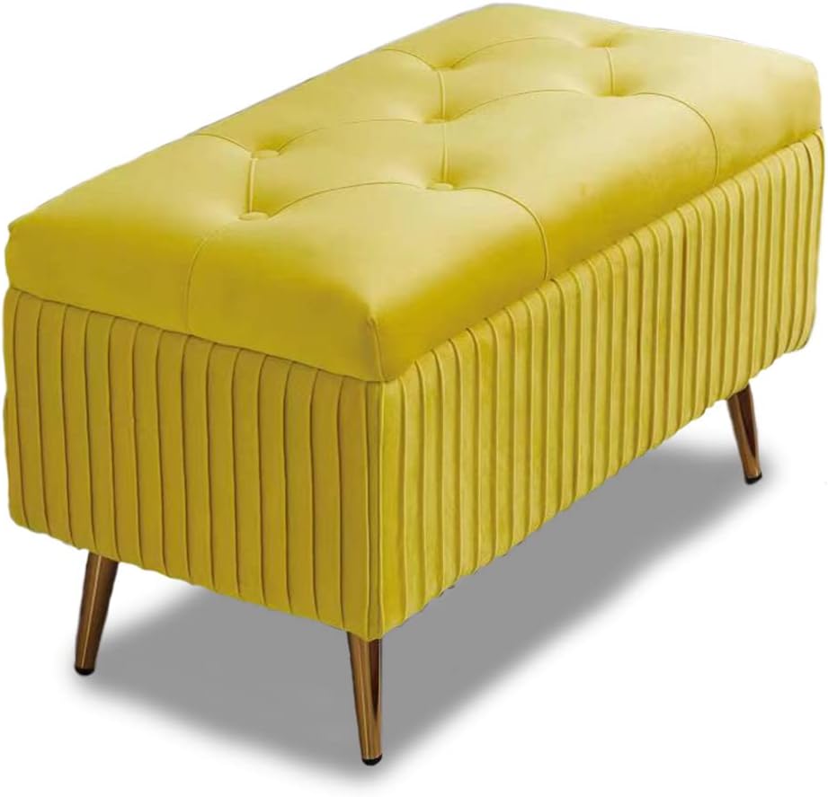 BAKAJI Velvet Bench, Rectangular Upholstered Bench, Makeup Bench with Storage Space, Chest Bench, Padded Storage Box, Metal Legs, Bedroom, Living Room, Hallway, 80 x 40 x 45 cm, (Ochre)
