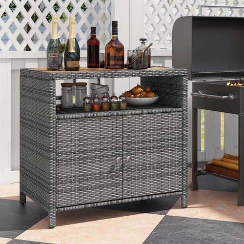 Rattan Storage Cabinet, Outdoor & Indoor Sideboards with Acacia Wood Countertop & Open Compartment, Wicker Patio Buffet Storage Bar Table for Garden Kitchen Poolside Backyard (Grey)