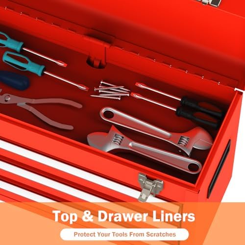 3 Drawer Metal Tool Box, Heavy Duty Steel Tool Chest with Ball Bearing Drawers, Portable Metal Toolbox with EVC Liners and Latches Closure, Powder Coated Tool Storage for Garage, Workbench & Home