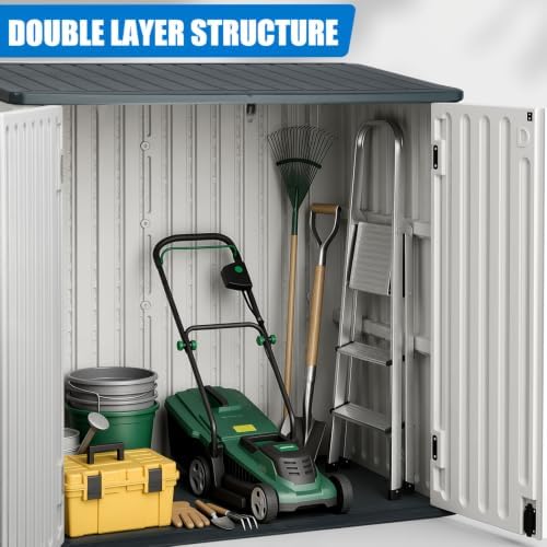 EHHLY Horizontal Resin Storage Shed, 35 Cuft Garden Tool Sheds & Outdoor Storage, Outdoor Plastic Storage Cabinet Waterproof, 4FT Tall Backyard Outside Lawn Mower Storage Shed, White