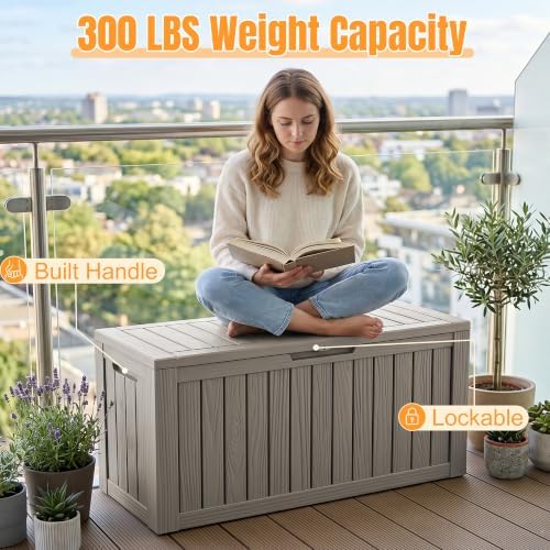 Outdoor Storage Box,140 Gallon Waterproof Resin Deck Box with Support Rod