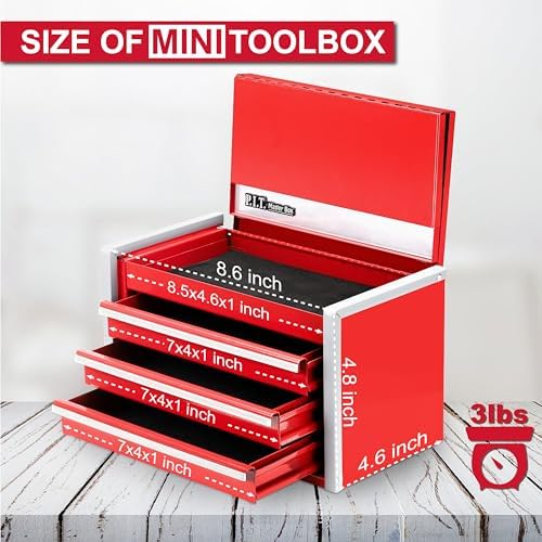 P.I.T. Mini Tool Box,3 Drawers Small Metal Toolbox for Tools Storage,Red