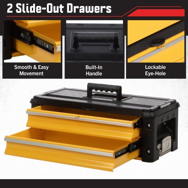 stalwart stackable rolling tool box with wheels, yellow, side view