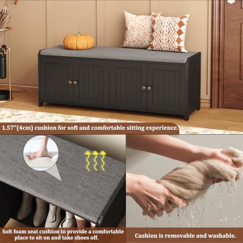 HOMEFORT 48.4" Shoe Storage Bench with Cushion, Entryway Bench with Paddded Seat, 2-Tier Shoe Cabinet Bench with Adjustable Shelves and 4 Doors, Wooden End of Bed Bench, for Bedroom, Hallway, Black