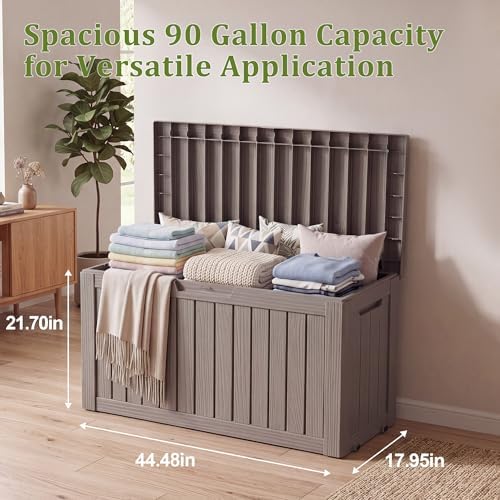 Resin Deck Box Outdoor Storage Box Waterproof for Patio Furniture,Outdoor Cushions,Garden Tools and Pool Supplies (Grey, 90 Gallon)