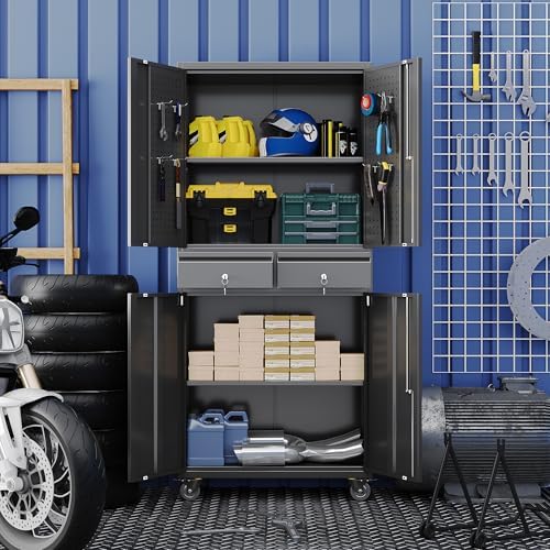 71-Inch Garage Storage Cabinet with 2 Drawers, Wheels and Pegboard