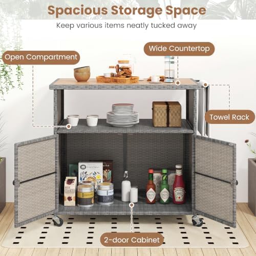 Tangkula Rattan Outdoor Storage Cabinet with 4 Wheels (Mix Grey)