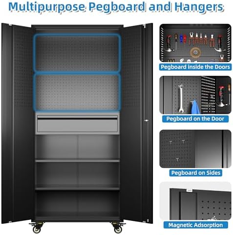 71" Rolling Metal Storage Cabinet with Lock & Pegboards, Black