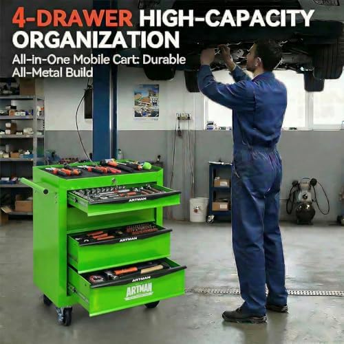4-Drawer Rolling Tool Chest - Heavy Duty Tool Storage Cabinet with Lockable Wheels & Drawer Liners, Tool Cart with Key Lock,Tool Organizer Box for Garage, Warehouse & Repair Shop (Green)