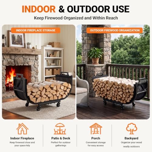 YQBRAO 32-Inch Firewood Rack, Rolling Firewood Cart with Log Carrier Bag