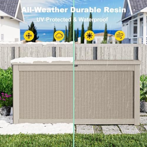 ROJIK 320 Gallon Waterproof Outdoor Deck Storage Box, Lockable Resin Patio Storage Bin with Lid for Garden Tools, Patio Cushions & Outdoor Accessories(Grey)