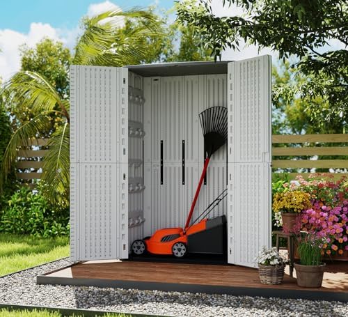 HOMSPARK Storage Shed Weather Resistance, Multi-Purpose Outdoor Storage Cabinet for Backyards and Patios, Horizontal Storage Shed for Lawnmower, Patio Accessories (White, Tall - 53 cu.ft)